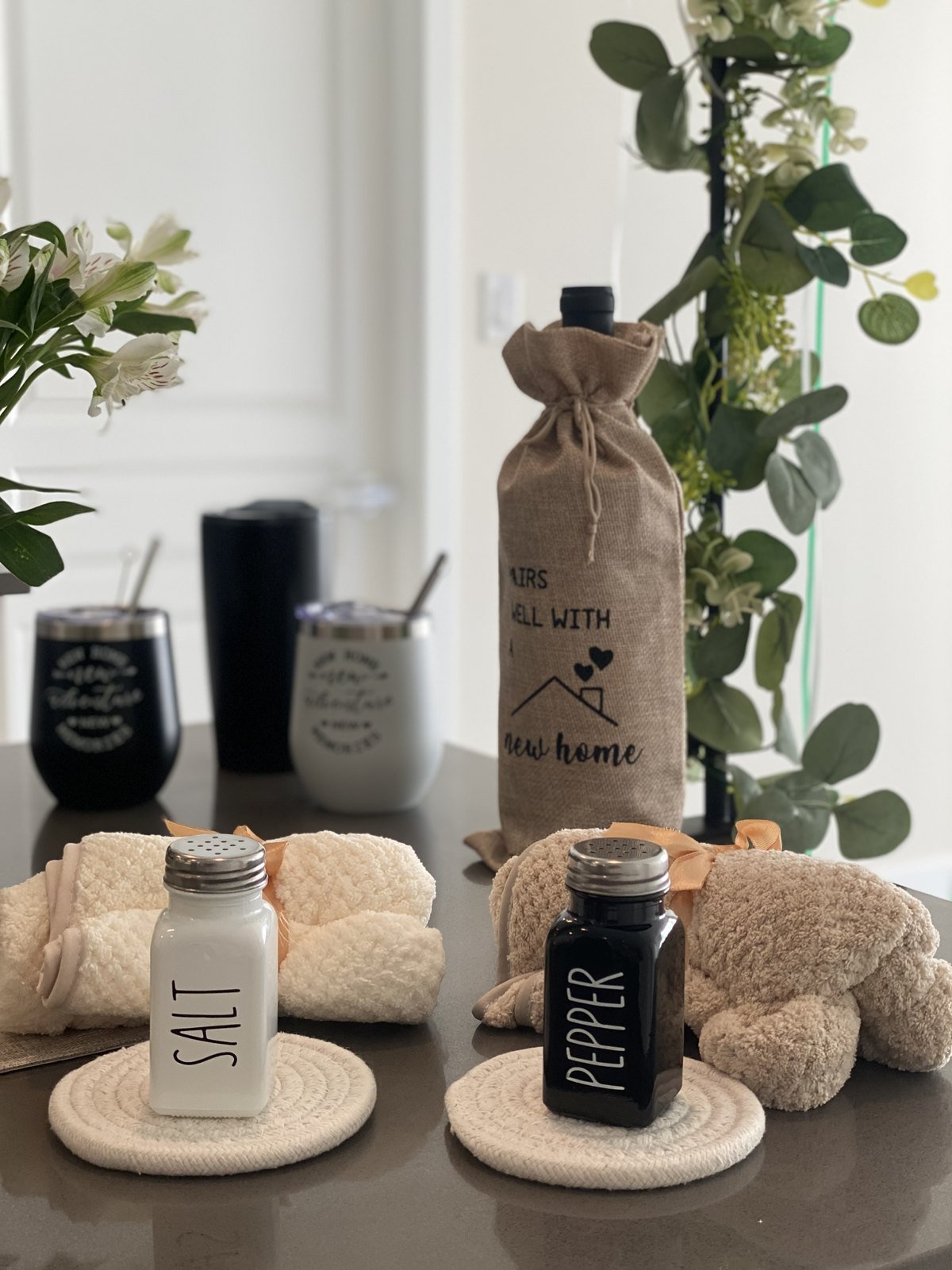 House warming guest favors on a kitchen counter