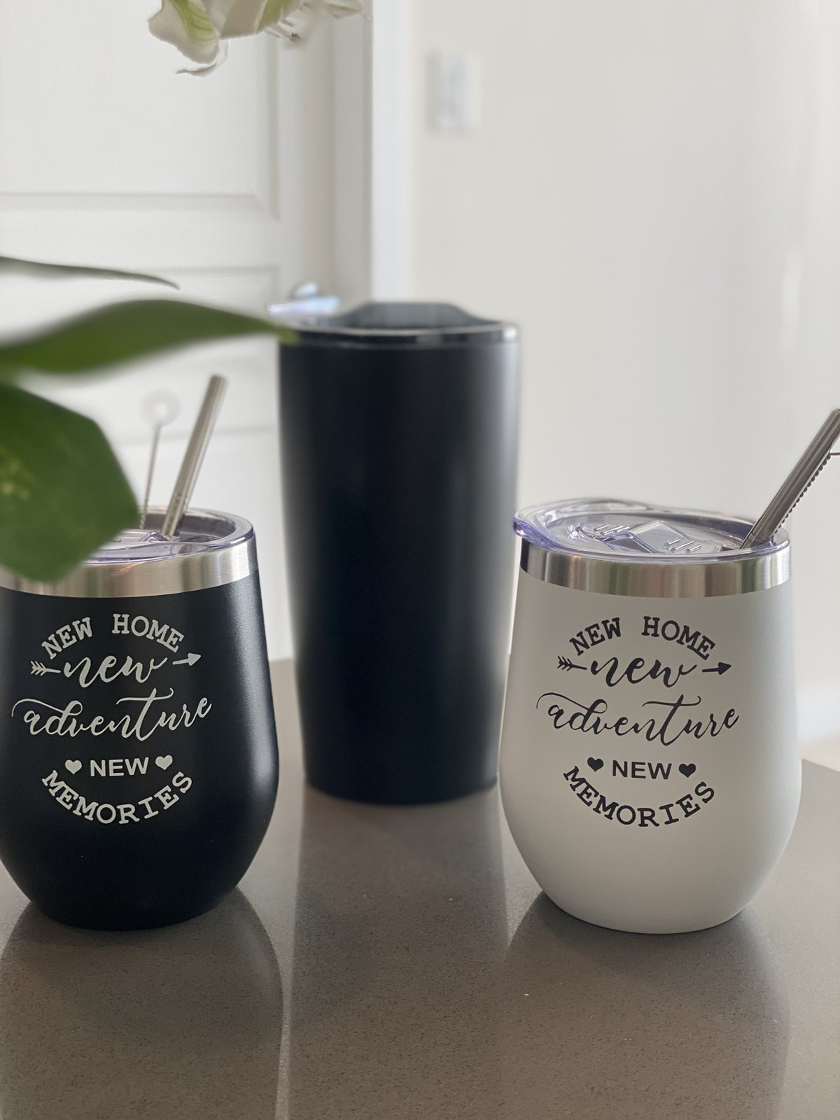 House warming custom cups and drink station details